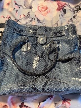 Michael Kors Glossy Blue Snakeskin Tote with MK Turn-Lock